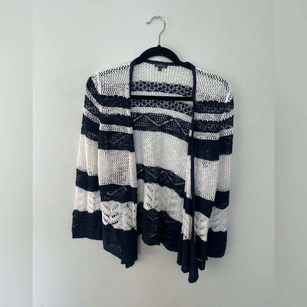 HANNAH | Navy and White Open-Knit Cardigan